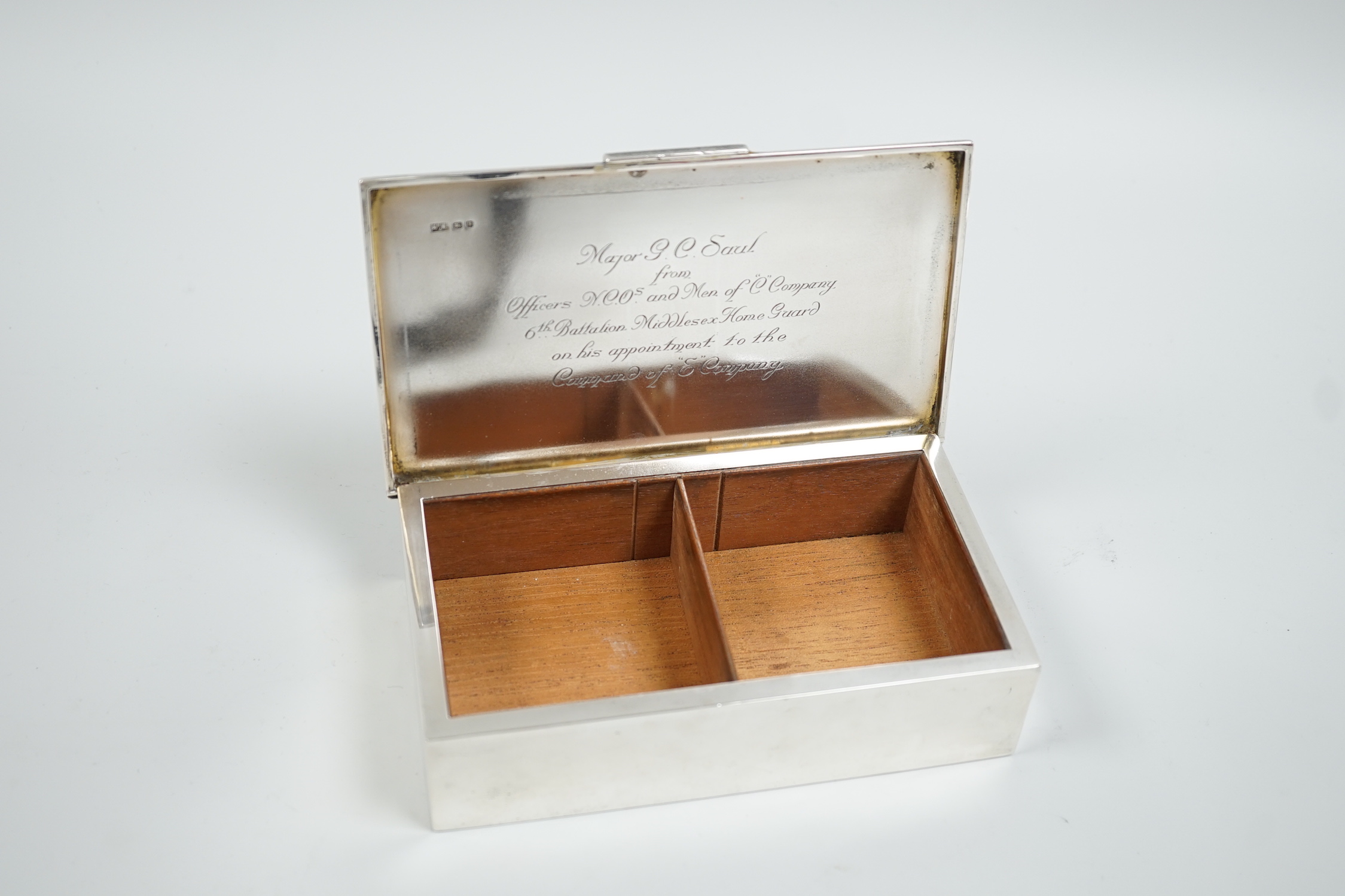 A George VI part engine turned silver mounted cigarette box, London, 1951, 16.5cm.